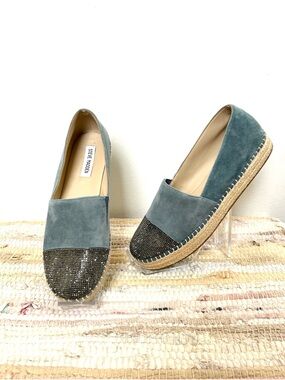 Steve Madden PULSSE Blue Suede Rhinestone Espadrille Flats Size 8
